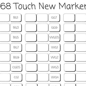 May include: A grid layout of 168 Touch New Markers, with labeled colour swatches. The top of the image displays the text "168 Touch New Markers". Each swatch is labelled with a colour code, such as BG1, GG7, and WG0.5.