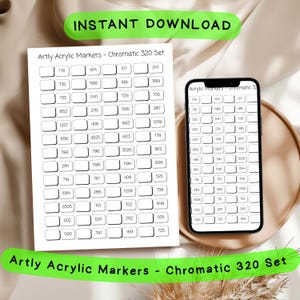 Peut inclure: Téléchargement numérique d'un ensemble de marqueurs acryliques Artly - Chromatic 320 Set. L'image montre une feuille imprimée et un écran de téléphone affichant le nuancier des marqueurs. Le texte "INSTANT DOWNLOAD" et le nom du produit sont en vert.