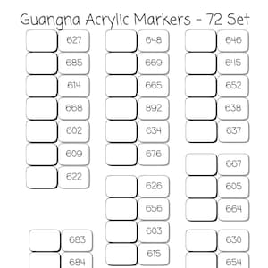 Guangna Acrylic Markers Chromatic 72 Set Swatch Sheet | Druckbares PDF