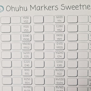 Feuille d&#39;échantillons Ohuhu Sweetness Alcohol Markers PDF - Nuancier de 48 couleurs - Téléchargement imprimable