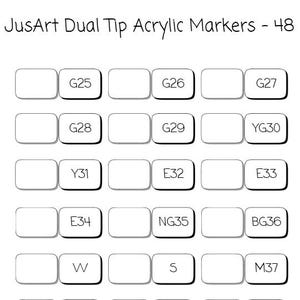 May include: A product display of JusArt Dual Tip Acrylic Markers. The image shows a grid of rectangular colour swatches with labels like G25, G26, and Y31. The text "JusArt Dual Tip Acrylic Markers - 48" is at the top.
