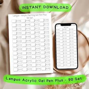 Op de afbeelding: Een digitale download met een Languo Acrylic Gel Pen Plus 90 Set. De afbeelding toont een afgedrukt vel en een smartphone met hetzelfde ontwerp. De tekst "INSTANT DOWNLOAD" en "Languo Acrylic Gel Pen Plus - 90 Set" zijn zichtbaar.