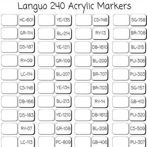 May include: A chart of blank rectangular spaces with colour codes, labelled "Languo 240 Acrylic Markers." Codes include HC-601, YE-135, C5-148, and SG-158. Suitable for artists and craftspeople.