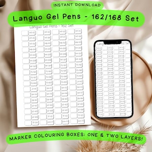 May include: A digital download featuring a layout for Languo Gel Pens, with 162/168 color options. The design includes a grid of numbered boxes for color swatching, with the text "Marker Colouring Boxes: One & Two Layers!"