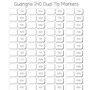 Muestrario de rotuladores acrílicos de doble punta Guangna 240 – PDF imprimible