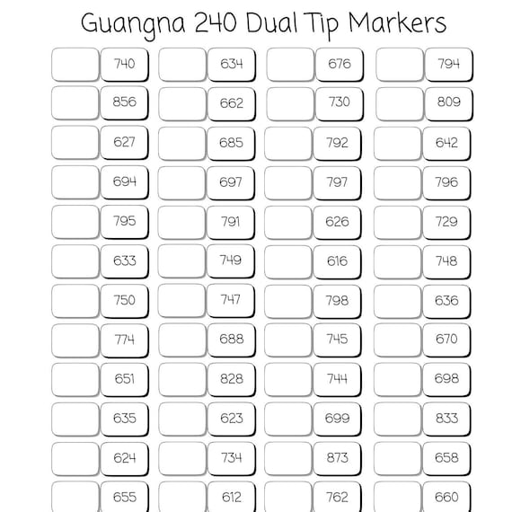Guangna 240 Dual Tip Acrylic Marker Swatch Sheet – Printable PDF