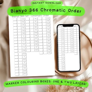 May include: A digital download of a Bianyo 366 Chromatic Order chart. The chart is shown on a white sheet of paper and a smartphone. The chart includes colour codes and is designed for marker colouring. Text on the image reads "Instant Download".