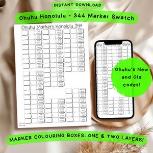 Tabla de muestras de marcadores Ohuhu Honolulu: 344 orden cromático (Descarga digital en PDF A4)