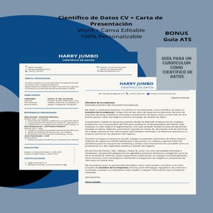 Puede incluir: Plantilla de currículum vitae y carta de presentación para científico de datos, editable en Word y Canva. El diseño es en tonos azules y blancos, con el título "Presentación CV + Carta de presentación de científico de datos". Incluye una guía ATS de bonificación.
