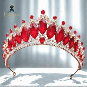 Rubinröd kristalltiara, guldfärgad brudkrona, brudtiara, quinceanera-balens drottningkrona, söt 16-års tiara i zirkon, balfesttiarakrona