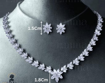 Silver CZ Flower Necklace Earrings Set, Bridal Crystal Jewelry, Silver Floral Wedding Necklace, Cubic Zirconia Party Set, Silver Necklace
