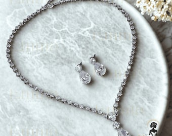 Silver Bridal Necklace Set, Luxury Crystal Cz Wedding Jewelry, Silver Statement Necklace Earring, Rose Gold Bridal Jewelry, Silver Necklace