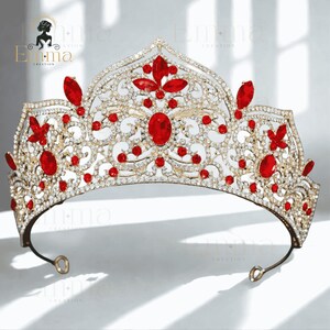 Ruby Red Gold Tiara, Royal Wedding Crown, Pageant Crystal Headpiece, Quinceanera Red Crown, Prom Hair Tiara, Gothic Bridal Tiara,Party Tiara