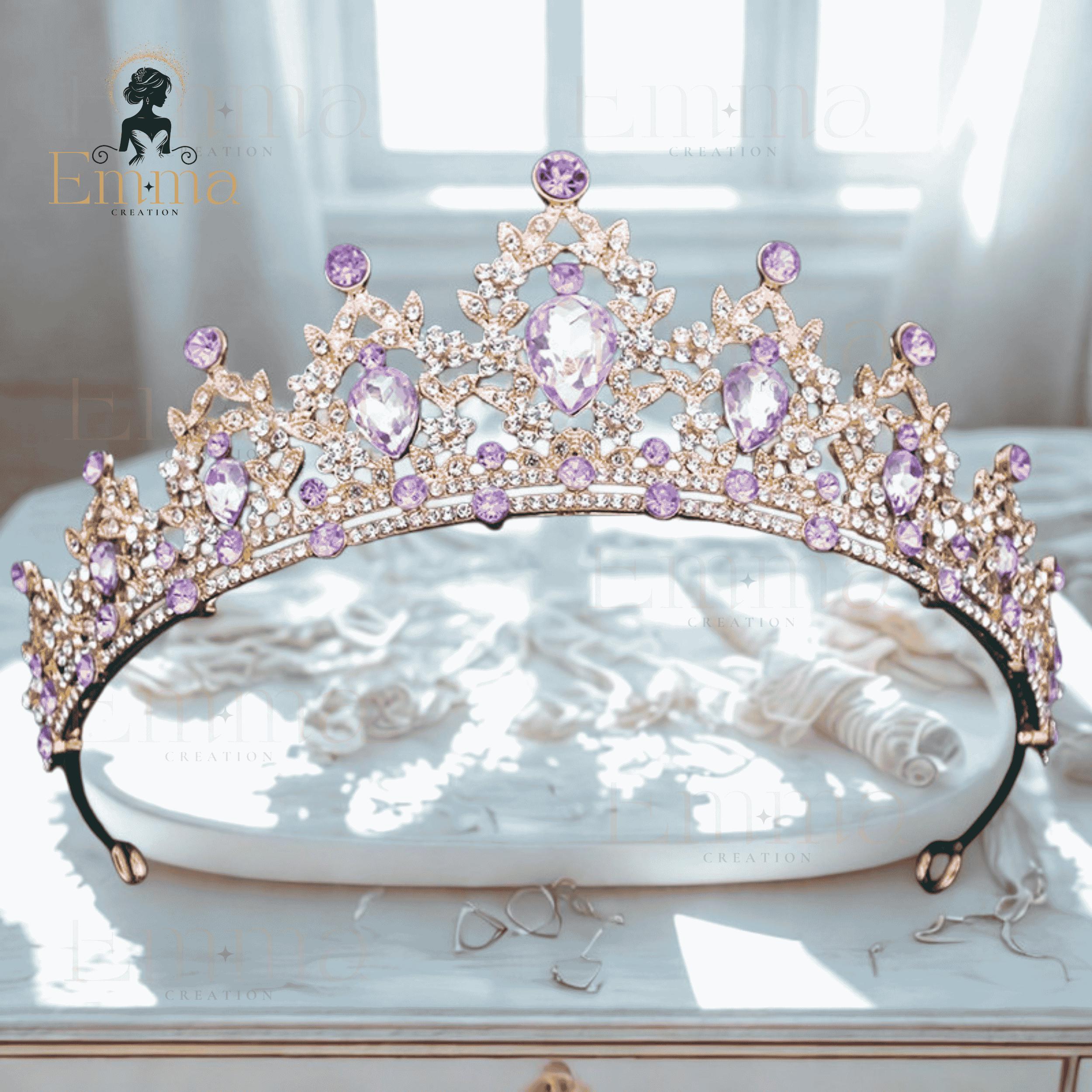 Lavender Crystal Crown, Gold birthday Crown, Homecoming Tiara, Royal Queen Crown Lavender Crystal Flower Crown, Gold Princess Tiara for  main image 3
