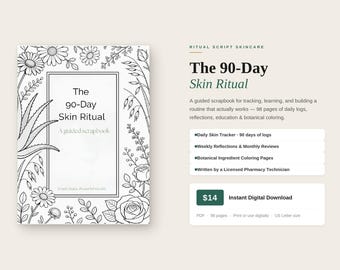 Diário de cuidados com a pele de 90 dias para imprimir | Caderno de acompanhamento e reflexão da rotina de cuidados com a pele | Álbum de recortes guiado para autocuidado