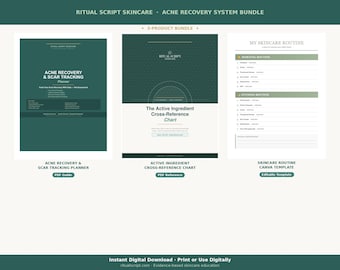 Kit de Recuperação da Acne | Planejador de Acompanhamento de Cicatrizes, Tabela de Conflitos de Ingredientes e Modelo de Rotina de Cuidados com a Pele (Manhã/Noite)