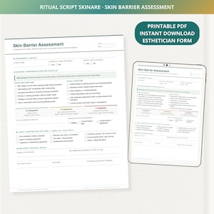 May include: A printable PDF skin barrier assessment form with the text "Skin Barrier Assessment" and "Printable PDF Instant Download Esthetician Form". The form includes sections for client information, symptom checklists, and recovery protocol notes.