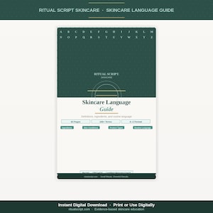 以下が含まれることがあります： 緑と白のデザインのデジタル スキンケア言語ガイド。ガイドには、定義、成分、ルーチン言語が含まれています。タイトルは太字で表示されます。ガイドは、すぐにデジタルダウンロードできます。