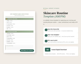 Planejador de Rotina de Cuidados com a Pele Editável | Modelo AM/PM do Canva (Download Digital)