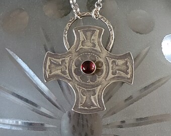 Garnet Pearl Sterling Cross Necklace, Eastlake Hardware, Artisan Made, Renaissance Vintage Medieval Style