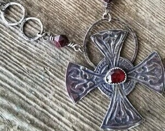Sterling Silver and Garnet Cross Necklace, Art Jewelry, Croix de Rouge, Eastlake