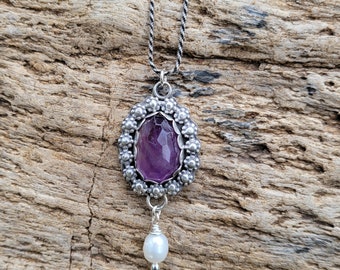 Amethyst and Pearl Sterling Silver Necklace, Risecut Amethyst, February Birthstone Necklace,  Artisan Made Necklace