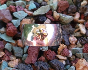 Sterling Silver Ring with Gold Cross, Large Band Ring, Cigar Band, Cross Ring, Jesus, Cross Jewelry, Faith Ring