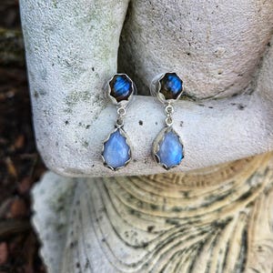 Labradorite Moonstone Sterling Silver Dangle Earrings: Artisan Blue Flash