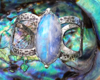 Rainbow Moonstone Sterling Silver Cuff Bracelet, Art Jewelry, Statement Cuff, Blue Flash