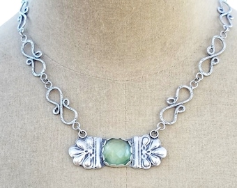 Prehnite and Sterling Silver Artisan Made Necklace, Green Gemstone, Yoga Jewelry