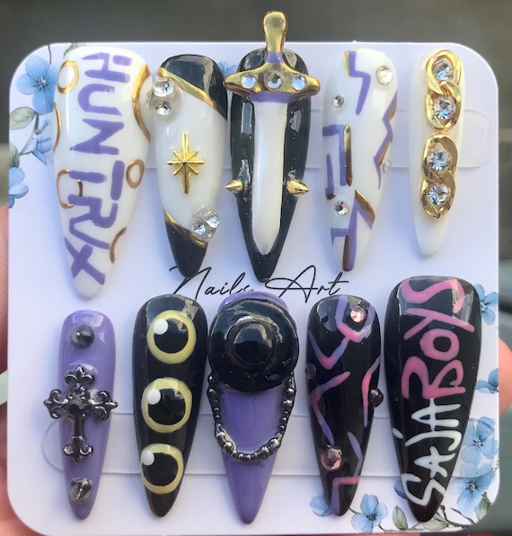 Kpop Demon Hunters Press On Nails | Huntrix Golden Nails | Sajaboys Nails | KDH Nail Art | 3D Kpop Nails | Custom Handmade Press Ons