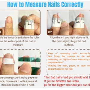 Puede incluir: Un gr&aacute;fico instructivo titulado How to Measure Nails Correctly, con pasos numerados y diagramas que muestran una cinta m&eacute;trica blanca colocada sobre la parte m&aacute;s ancha de una u&ntilde;a, incluyendo texto que explica los m&eacute;todos de medici&oacute;n.