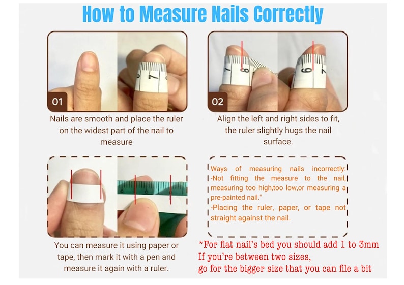 Puede incluir: Un gr&aacute;fico instructivo titulado How to Measure Nails Correctly, con pasos numerados y diagramas que muestran una cinta m&eacute;trica blanca colocada sobre la parte m&aacute;s ancha de una u&ntilde;a, incluyendo texto que explica los m&eacute;todos de medici&oacute;n.