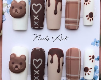 Teddybär-Kunstnägel zum Aufkleben | Süßes braunes Nageldesign | Tiernägel | Kawaii-Kunstnägel | Handgemachte, mädchenhafte Kunstnägel zum Aufkleben | Individuelles Nagelset