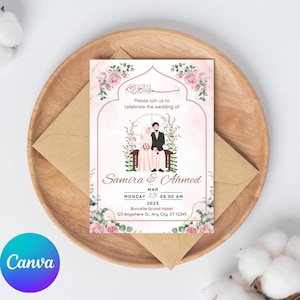 Muslim Wedding Invitation Template | Islamic Nikah Ceremony  | Editable Floral Wedding Card | Printable Marriage