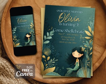 May include: A mermaid-themed invitation and matching phone graphic. The invitation reads "Our Little Mermaid Olivia is turning 3! Come Shellebrate." The design features a cartoon mermaid, aquatic plants, and gold accents on a teal background.