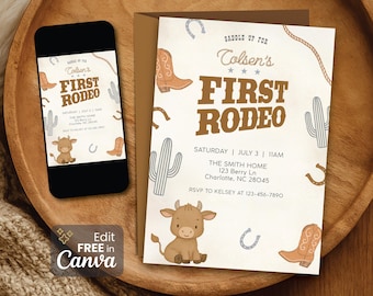 Editable First Rodeo Birthday Invitation: Cowboy 1st Birthday Party, Printable Digital Download Canva Template