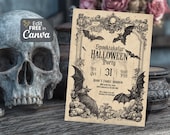 Editable Vintage Halloween Party Invitation, Bats and Skulls (Digital Download)