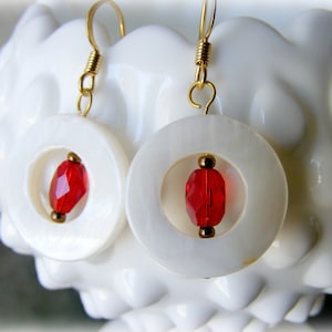 Mother of Pearl Dangle Earrings: Red Crystal Bead, Gold Tone