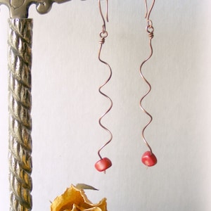 Handmade Copper Spiral Earrings: Long Dangle with Red Coral