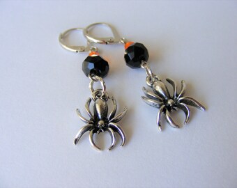 Halloween Spider Dangle Earrings: Black & Orange Glass Beads