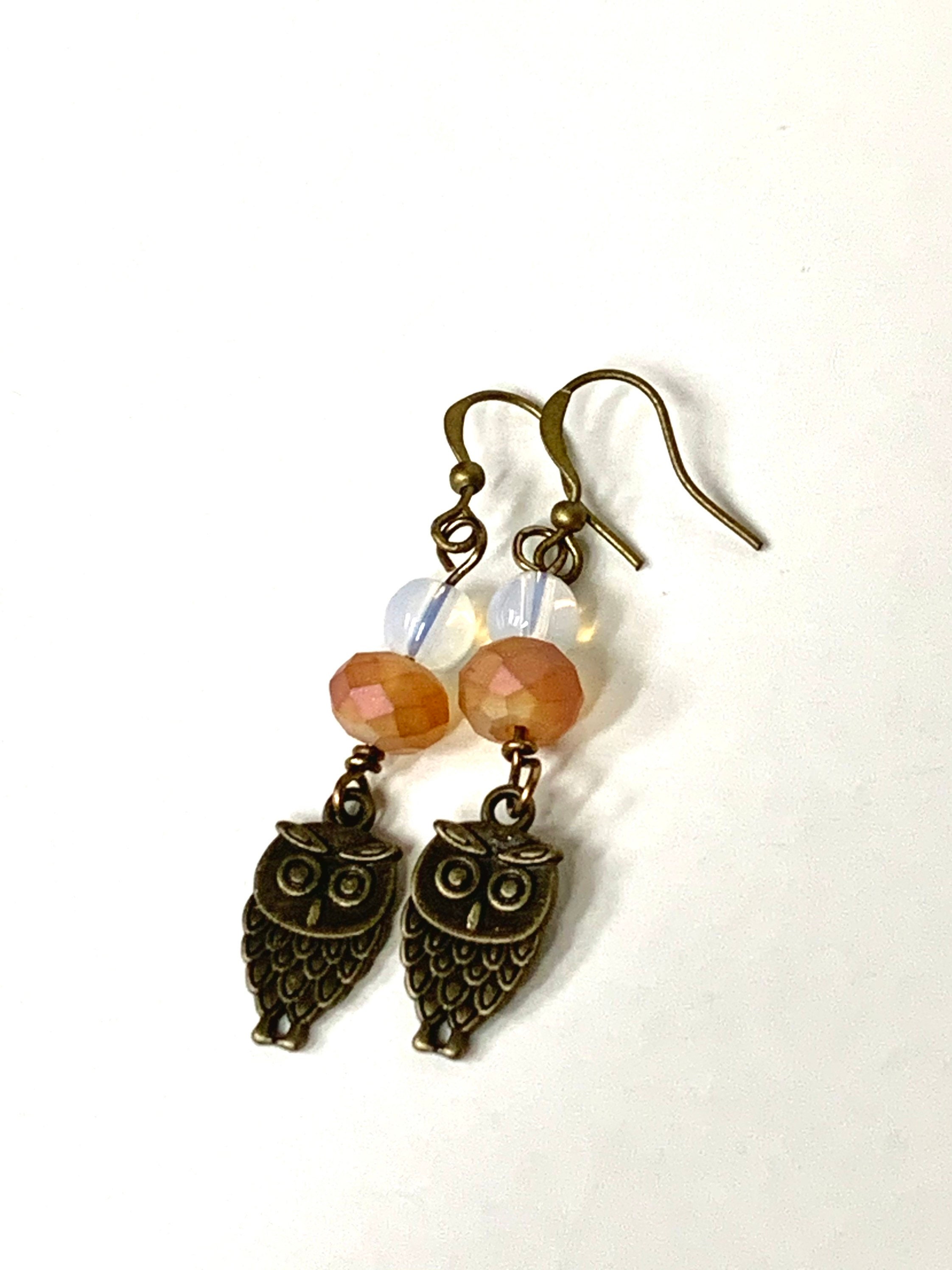 Brass Owl Earrings: Peach Glass Bead Dangle Earrings
