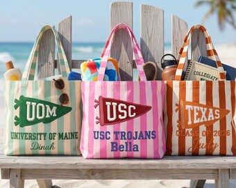 Personalized Pennant University Bag Embroidered Striped Beach Bag Custom College Graduation Gift Sorority Tote Bag For Her