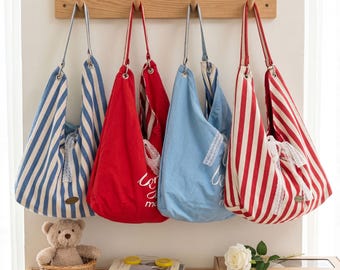 Reversible Summer Beach Tote - Two-Sided Canvas Shoulder Bag - Cute Striped Daily Purse for Women, Vacation Essentials, Aesthetic Travel Bag