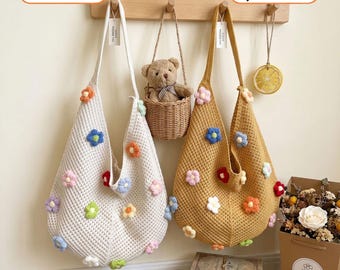 Boho Flower Crochet Mesh Tote Bag, Bohemian Floral Knit Shoulder Purse for Women, Summer Beach Vacation Bag