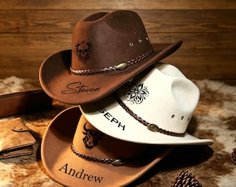 Sombrero de vaquero de ala ancha con grabado personalizado, unisex, estilo texano, de fieltro quemado