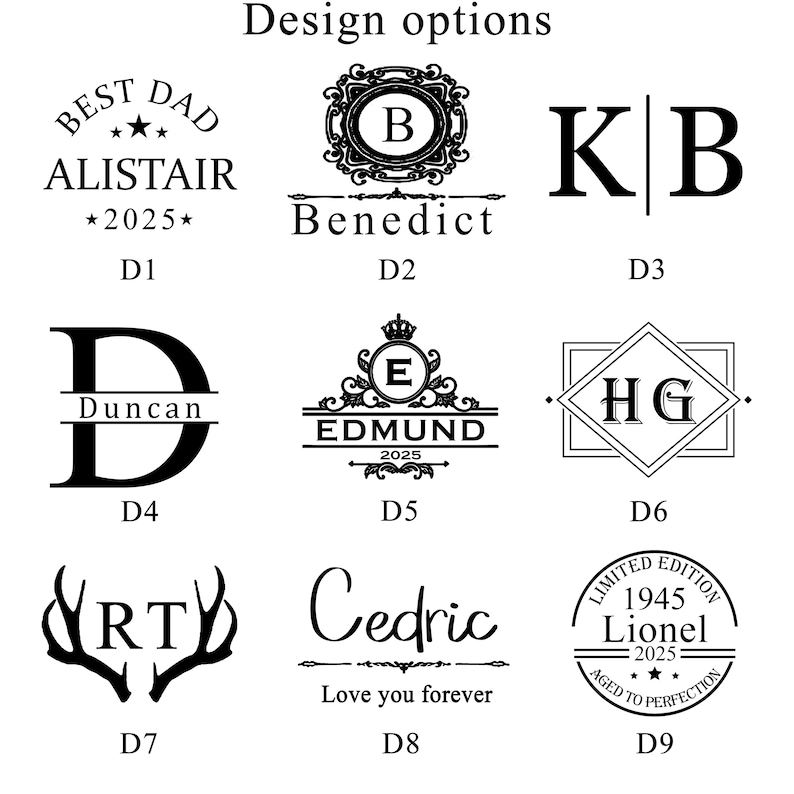 May include: A selection of design options for custom items, featuring monograms, names, and phrases like "Best Dad," "Benedict," "Duncan," "Edmund," "Cedric," and "Lionel." The text is in a black, elegant font.
