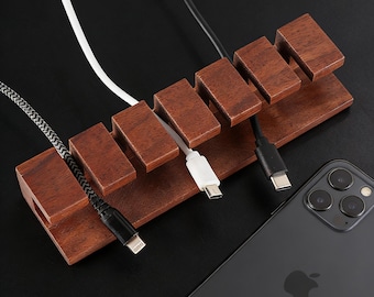 Organizador de cables de madera premium para escritorio, gestión de cables de escritorio, soporte para cables con múltiples ranuras