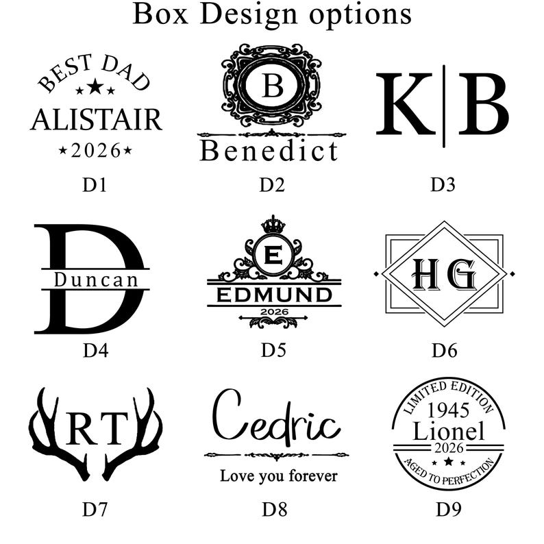 Puede incluir: Imagen que muestra nueve opciones de dise&ntilde;o de cajas con varios elementos de texto y gr&aacute;ficos. Los dise&ntilde;os incluyen nombres, iniciales y frases como "Best Dad" y "Love you forever", junto con fechas y bordes decorativos.