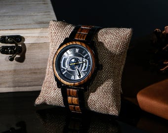 Personalized Engraved Black Watch:Wooden Watch For Him & 1st Anniversary Gift